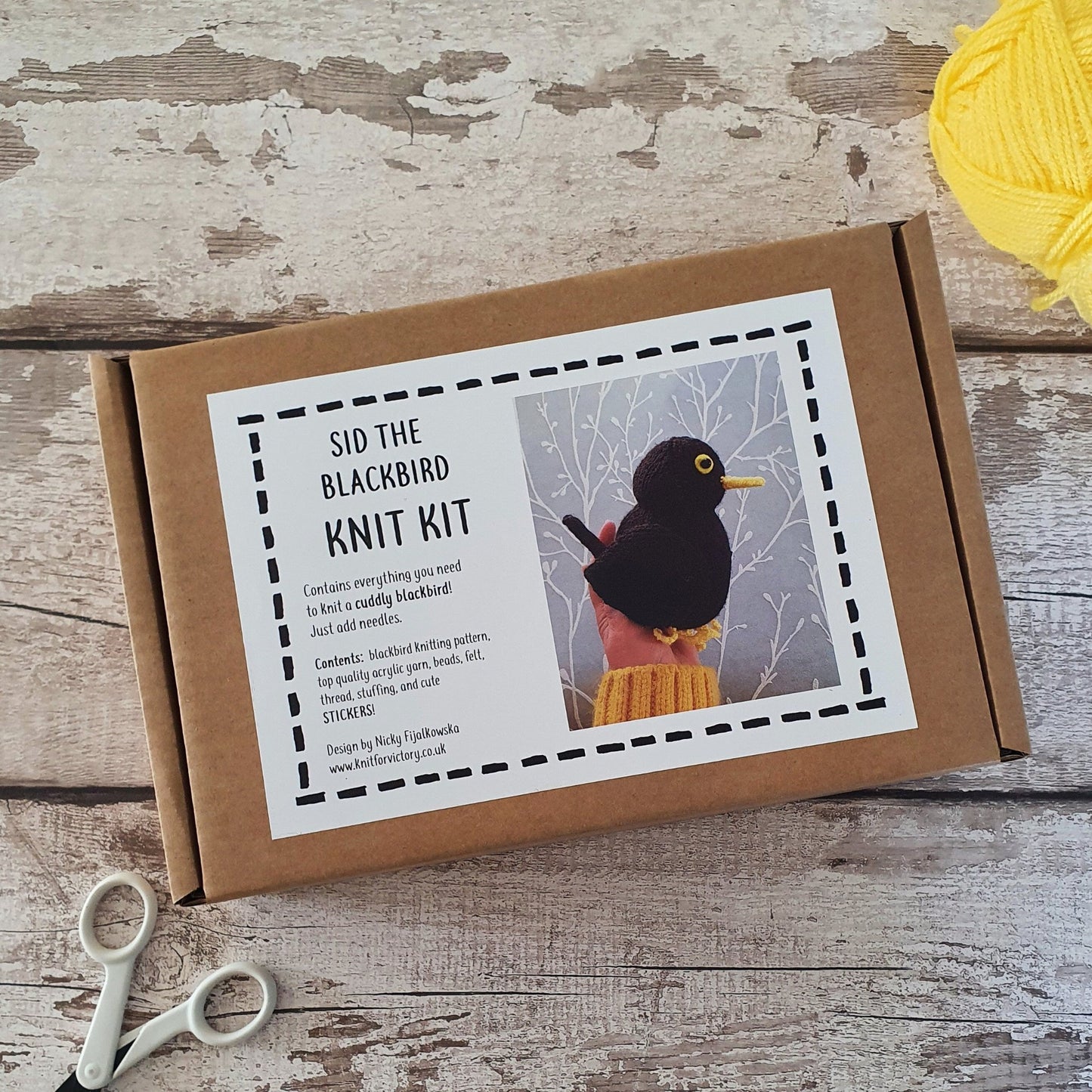 a brown box containing a blackbird knitting kit. In the background there are some scissors and yellow yarn