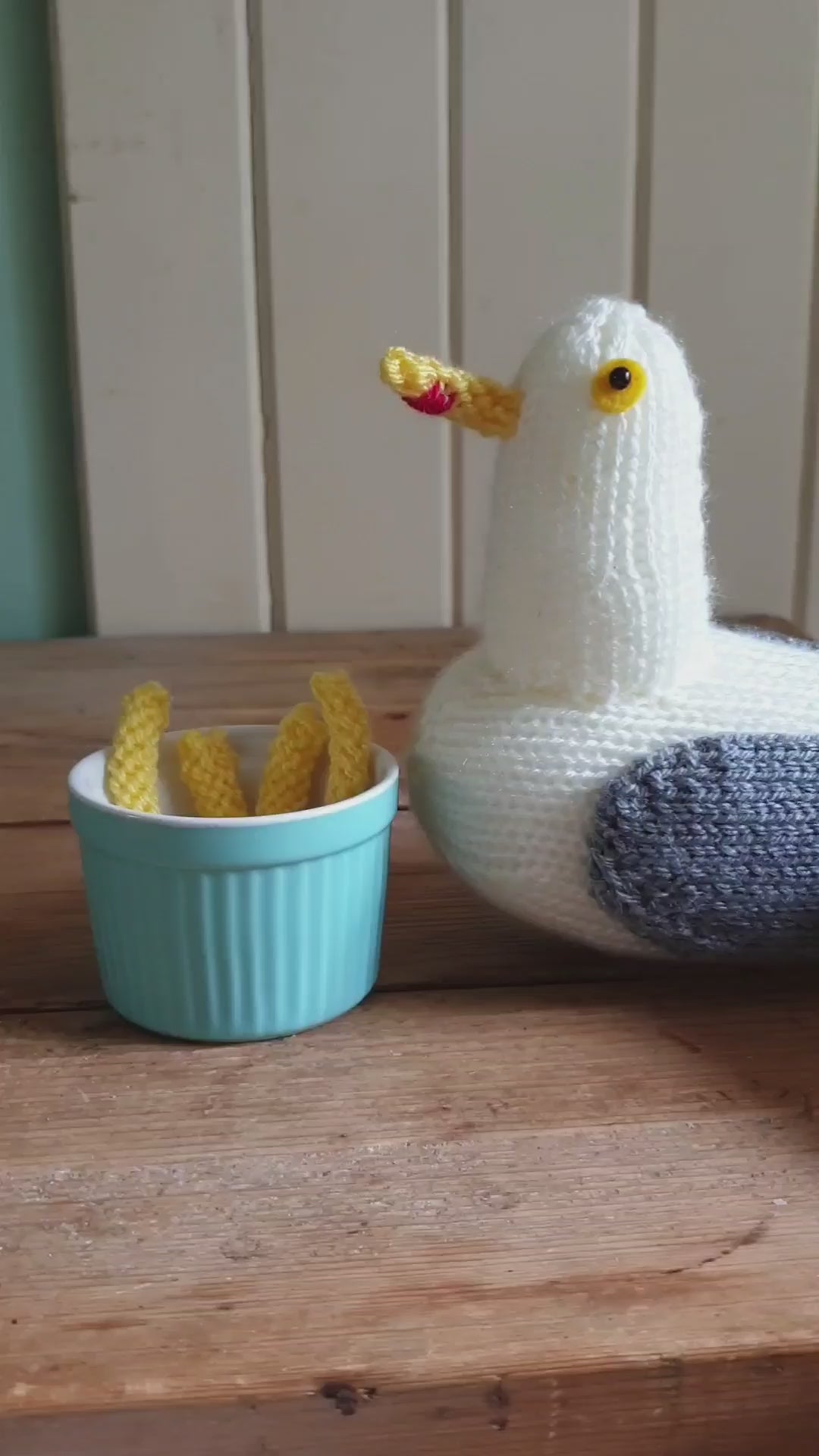 Big Jeff the knitted seagull eating knitted chips